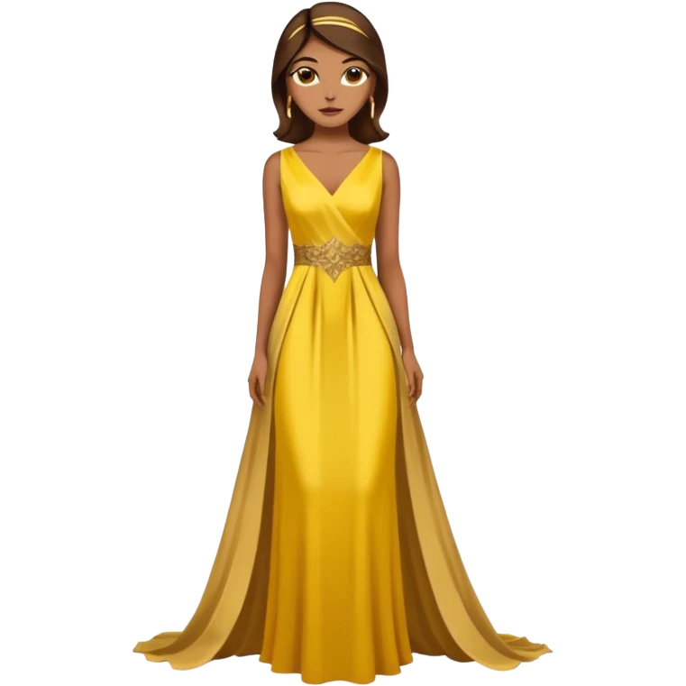 Woman using a long elegant yellow dress. She has medium skin tone and a brown with gold makeup emoji