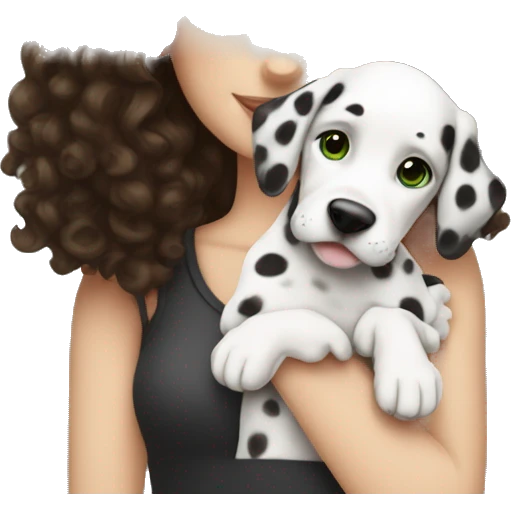 White Girl with dark brown curly hair and green eyes is holding Dalmatian puppy emoji