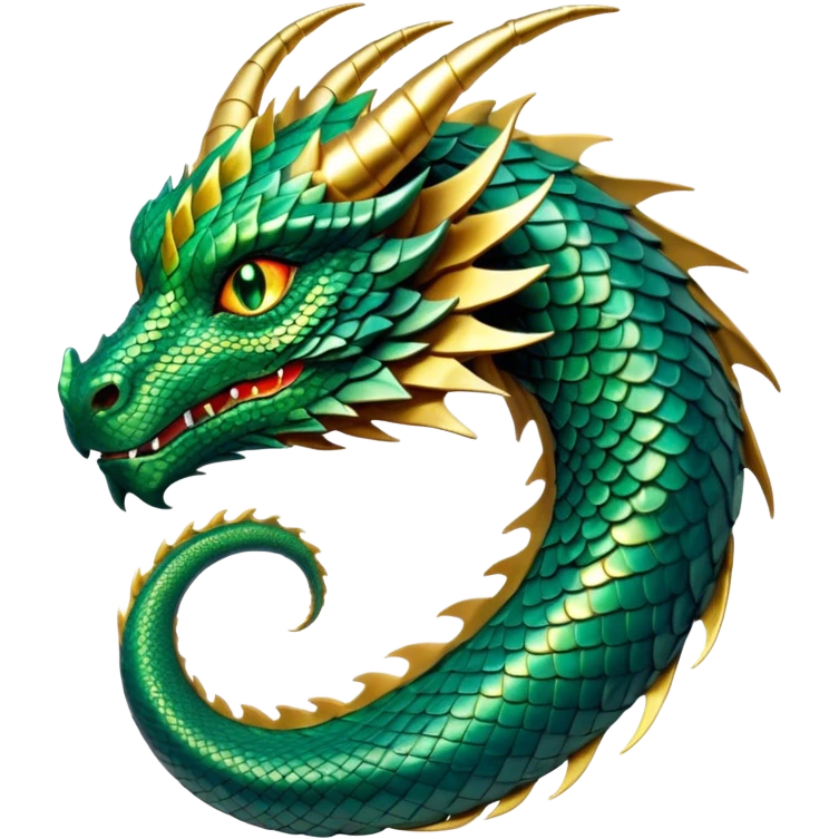 Cinematic Noble Dragon Portrait Emoji, Poised and majestic, with a sinuous, elongated body covered in intricately detailed, shimmering scales in hues of emerald and gold, and piercing, fiery eyes that reflect ancient wisdom; rendered with lifelike texture and natural highlights, high shine, intelligent and formidable, styled with an aura of mythic power, focused and attentive, soft glowing outline, capturing the essence of a legendary dragon that appears ready to soar out of the screen with timeless authority! emoji