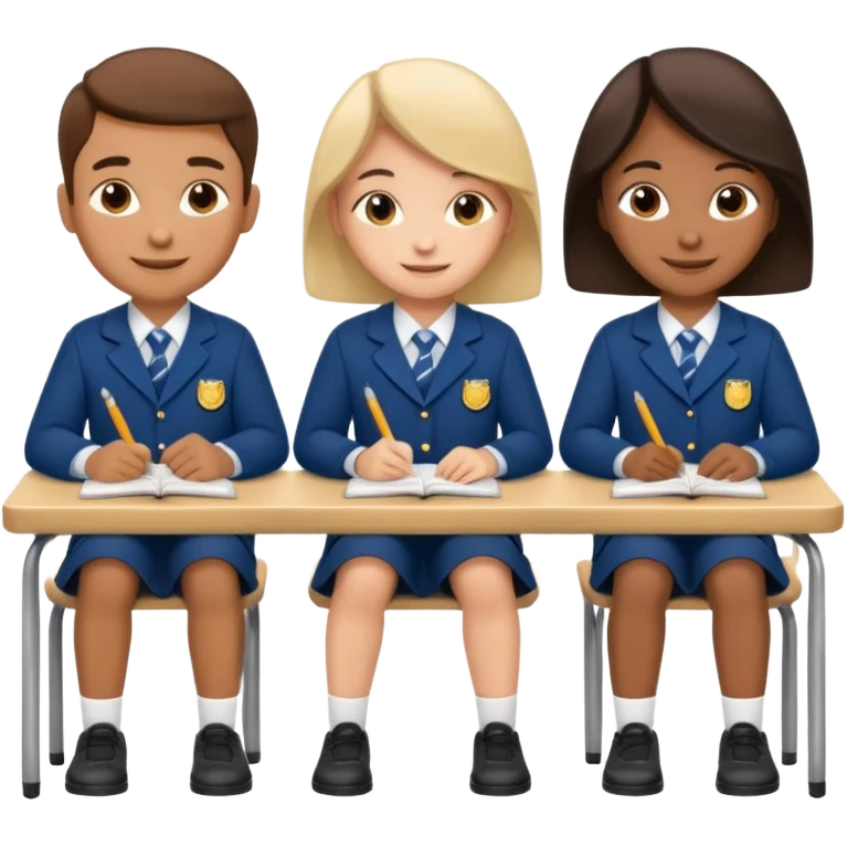 three school children sitting in a row behind their school desks emoji
