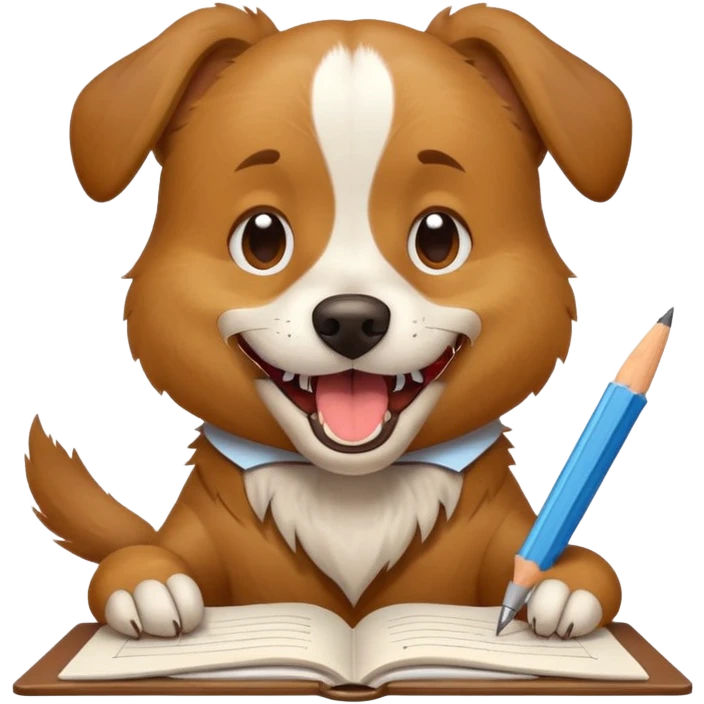 playful dog with homework clamped between teeth, bite marks and torn edges visible, apple style emoji emoji