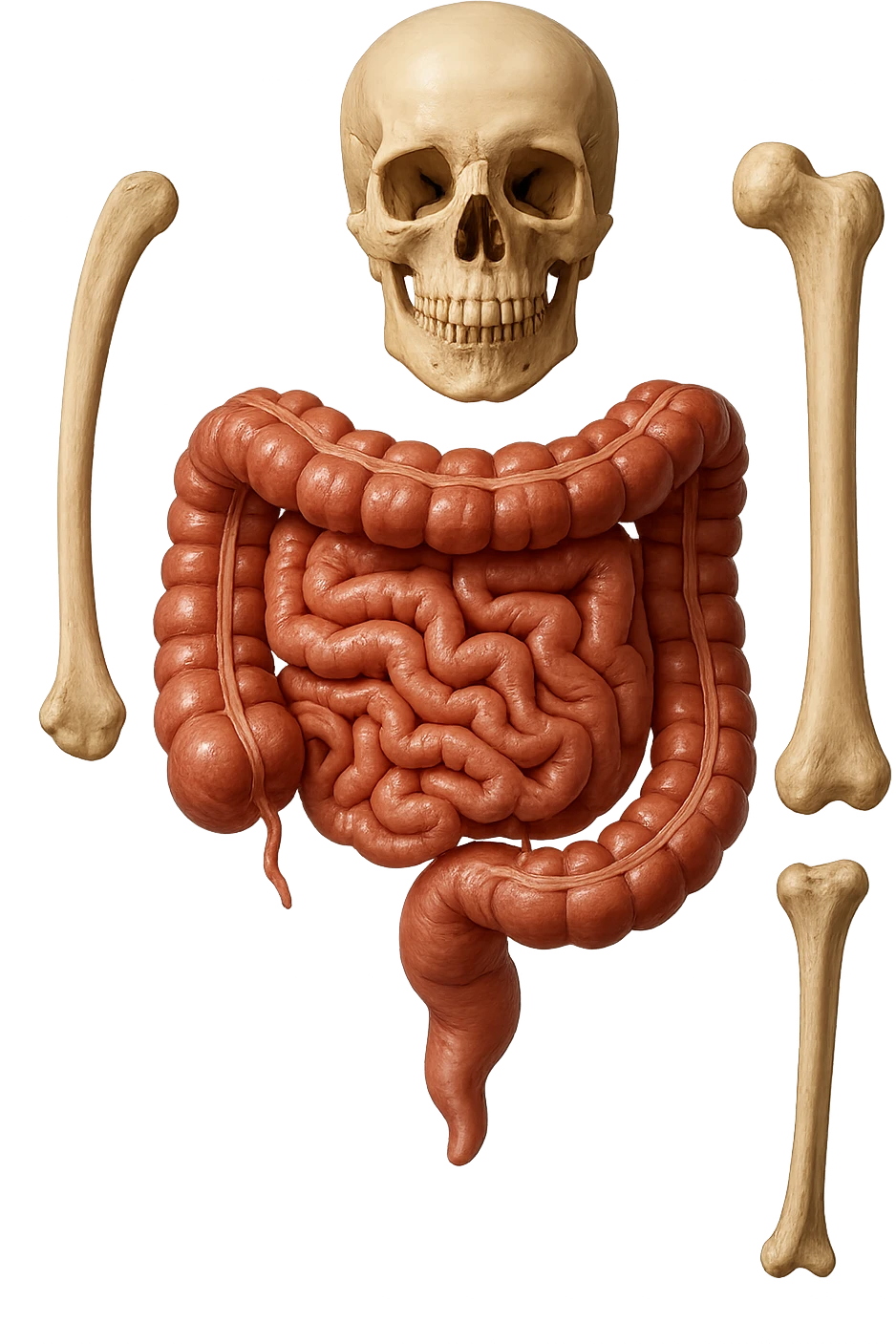 intestino umano anatomico e ossa umano anatomico fluttuano in aria, iperrealistico 4k emoji