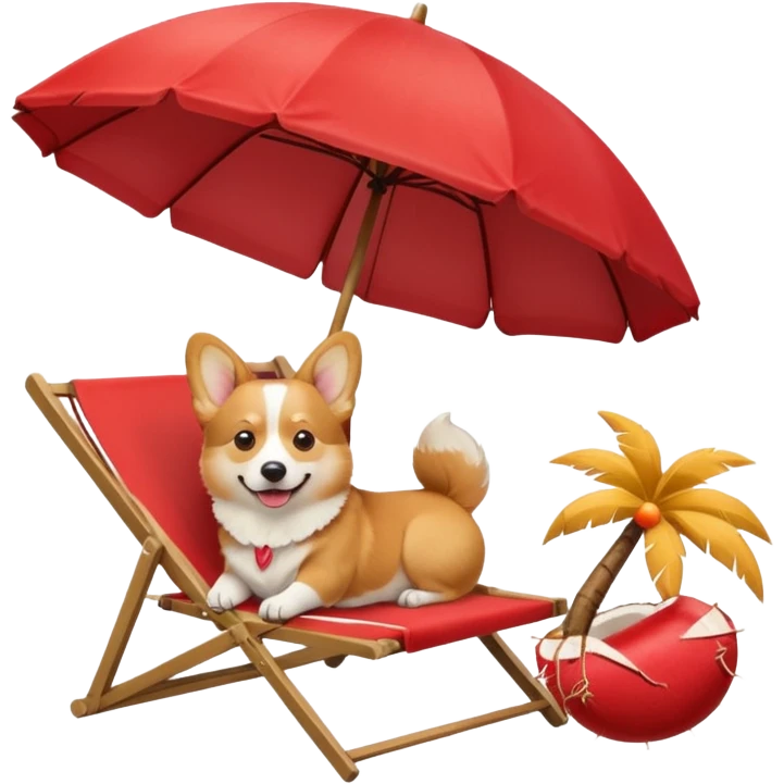 a corgi dog laied on a beach chair, a sunny beach, a sun umbrella, and beach coconut trees. the icon should capture the essence of a relaxing beach vacation with a carefree atmosphere emoji
