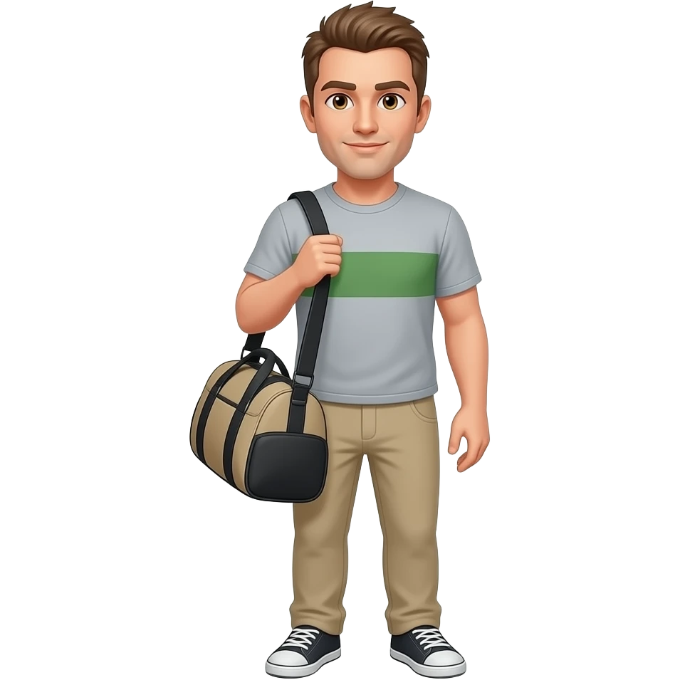 Un hombre de ojos color miel con café claro, con pantalón color beige, playera color gris con franja color verde a la altura del pecho, cabello color oscuro peinado hacia arriba tipo mohawk, cargando un costal en el hombro cuerpo completo emoji