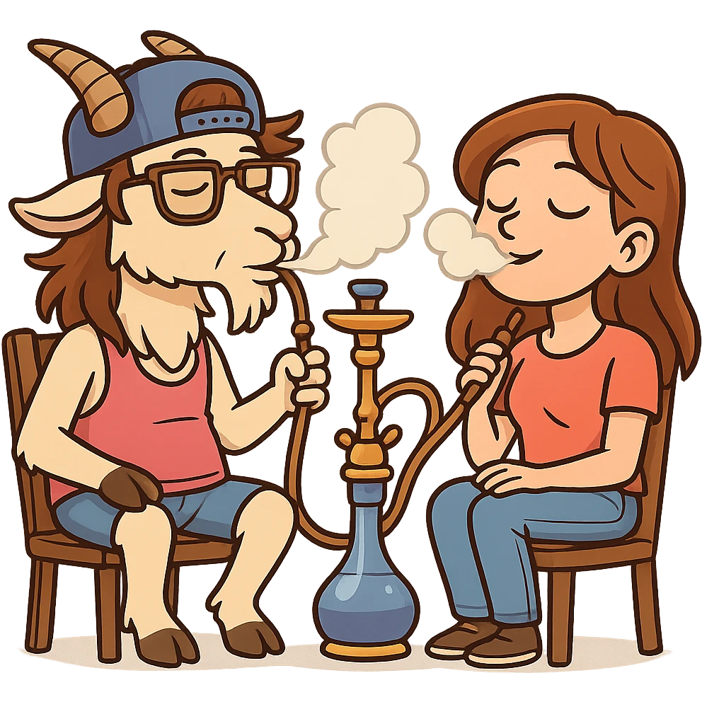 goat for Telegram stickers inspired by reference https://attic.sh/feoducyurkpqwz0la088soao98sx: wearing a cap, glasses, mullet hairstyle, pink drunkard tank top, sitting on a chair, smoking hooka with a girl https://i.ytimg.com/vi/x9PRt8xgy7Y/hqdefault.jpg . transparent background  emoji