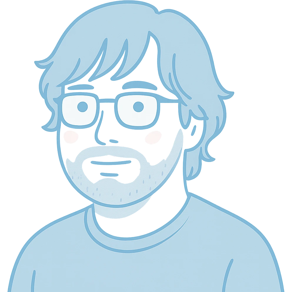 A thoughtful man with rectangular glasses, fashionably tousled longer hair with trendy bangs that frame the face nicely, a naturally round face, and a slightly wider nose. Use soft pale blue for all main features and line work, minimal pink highlights only on the cheeks, and light gray tones only for the neat short beard and subtle shadows. emoji