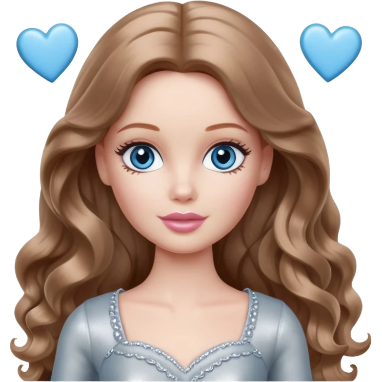 There are grey hearts all around Barbie girl Chestnut long wavy hair and blue eyes is In pale silver clothes emoji
