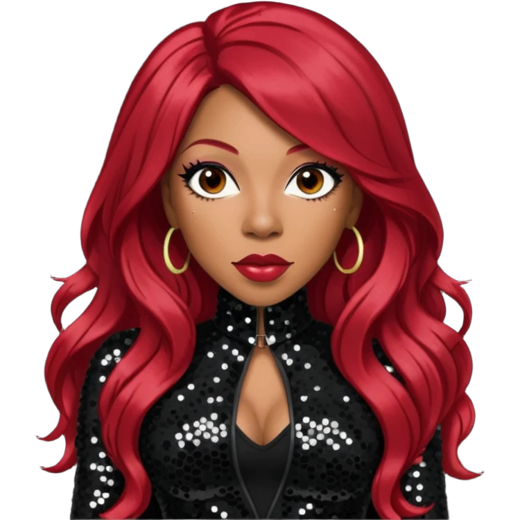 K. Michelle with long dark red hair, black sequin outfit emoji