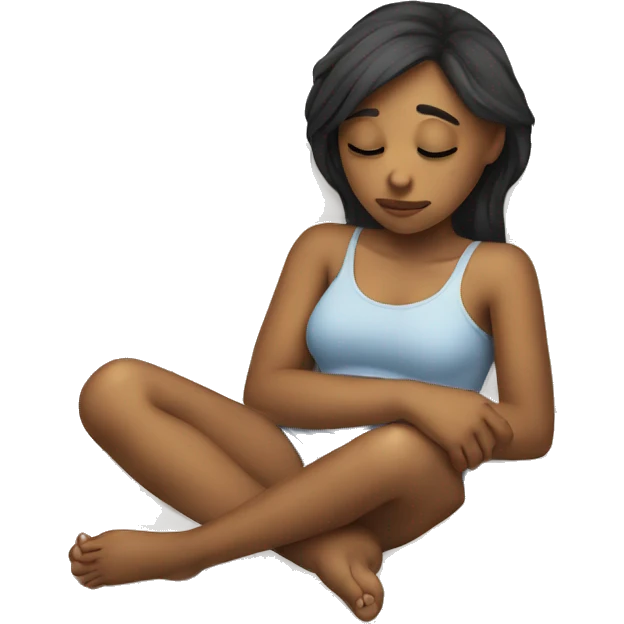 A girl laying down holding her stomach with a sad face emoji