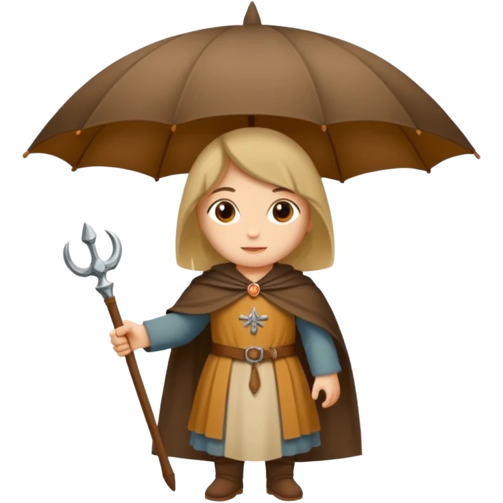 vorrei un piccolo pellegrino medievale in stile stickers sotto la pioggia con un grande ombrello emoji