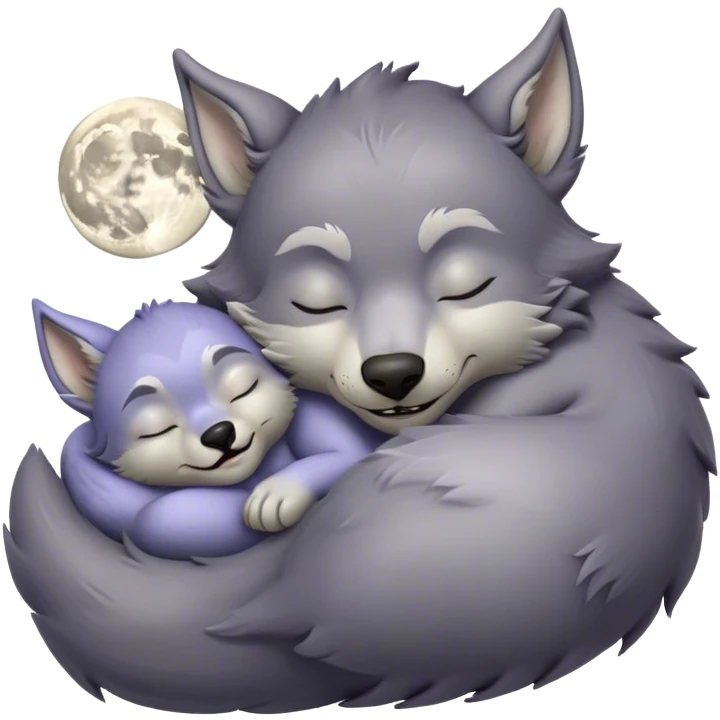 Meme-Worthy Cute Sleeping Werewolf Portrait Emoji, with a cuddly, miniature lupine form in soft moonlit grays and silvers, head resting peacefully with gently closed dreamy eyes and a small, content smile, simplified yet irresistibly endearing, highly detailed with a soft glowing outline that captures the cozy, sleepy essence of a werewolf after frolicking under the full moon! emoji
