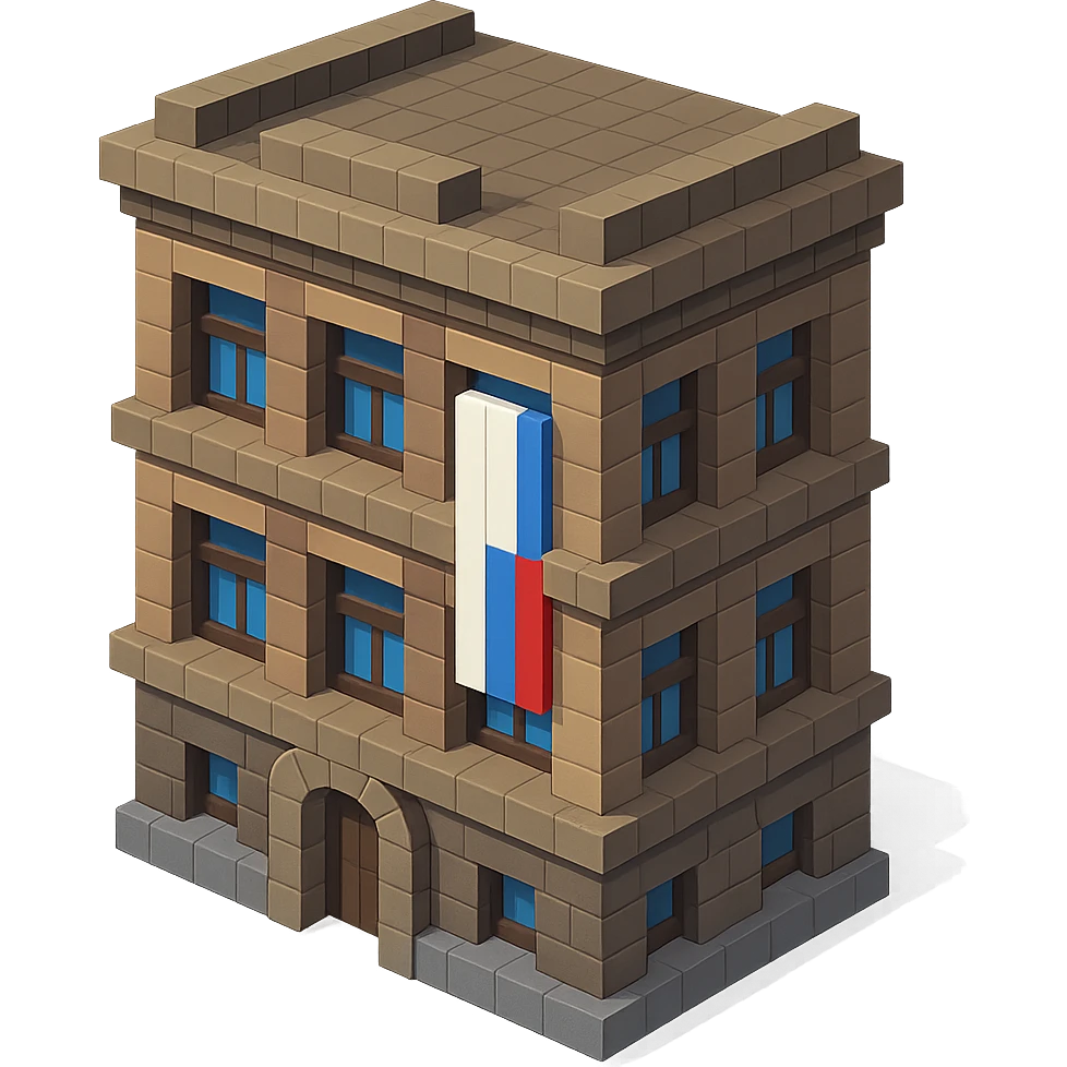 old Saint Petersburg building in voxel style, gray-brown tones, Russian flag hanging vertically in a window, isometric view emoji