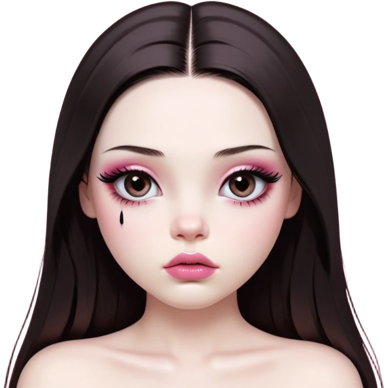 girl with white skin, dark brown long realistic straight hair with middle part prominently falling in front of her body over her shoulders, very big pouty extremely glossy ultra-shiny lips with nude reddish-pink lip gloss and absolutely no cupid's bow, big round eyes with very black shiny eyeballs and huge eyelashes, no eyeshadow, pink blush on cheeks, lighter button nose, extremely long oval-shaped face, wearing a pink off-shoulder top, looking directly at camera with hands down at sides emoji