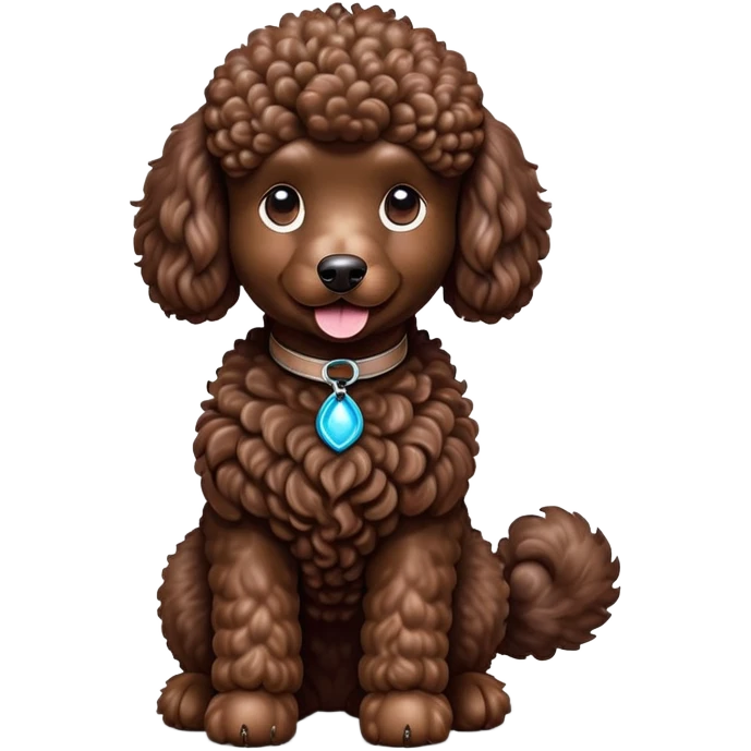 cinematic-[poodle]-realistic-full-body-sitting-emoji,-tail-resting-loosely-beside-its-paws,-head-tilted-dramatically, -curly-[chocolate]-fur,-simplified-yet-realistic-focused-features,-highly-detailed,-glowing-with-an-almost-sarcastic-glow emoji