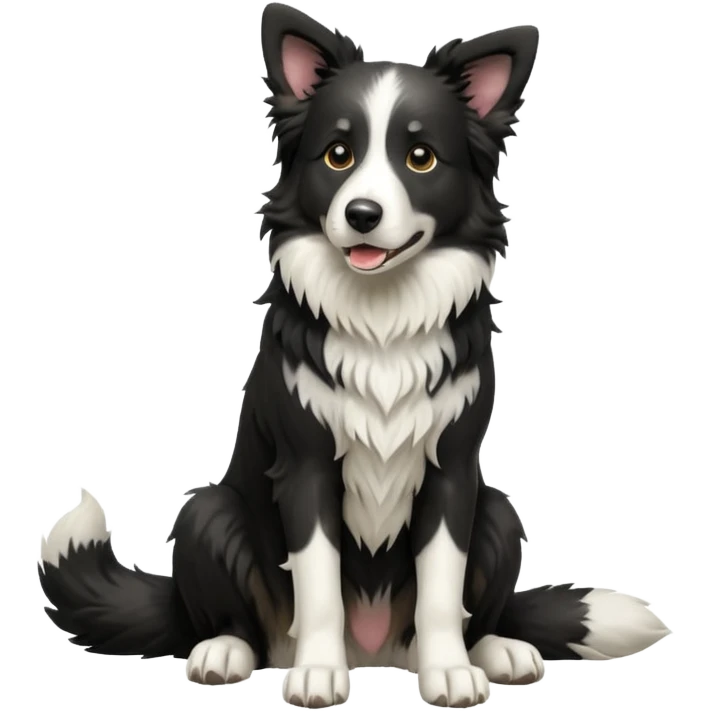 cinematic-[border collie dog]-realistic-full-body-sitting-emoji,-tail-resting-loosely-beside-its-paws,-head-tilted-dramatically,-scruffy-[black and white]-fur,-simplified-yet-realistic-focused-features,-highly-detailed,-glowing-with-an-almost-sarcastic-glow emoji