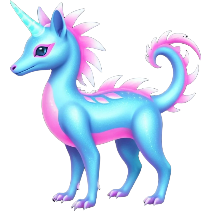 Shiny Exotic Futuristic Tropical Colorful Neon-colored Glittery Ethereal Sparkly Amaura-Aurorus-Fakémon-hybrid-creature (full body)  emoji