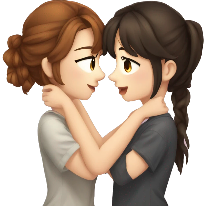 I need two cute anime brunette girls kissing. One with freckles. Super cute anime style. emoji