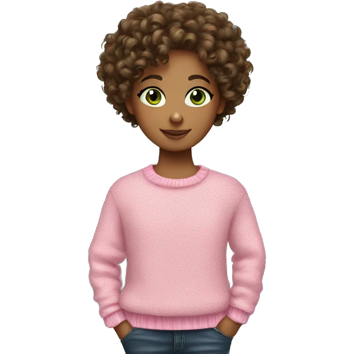 Brunette curly hair curl with green eyes and pink sweater emoji
