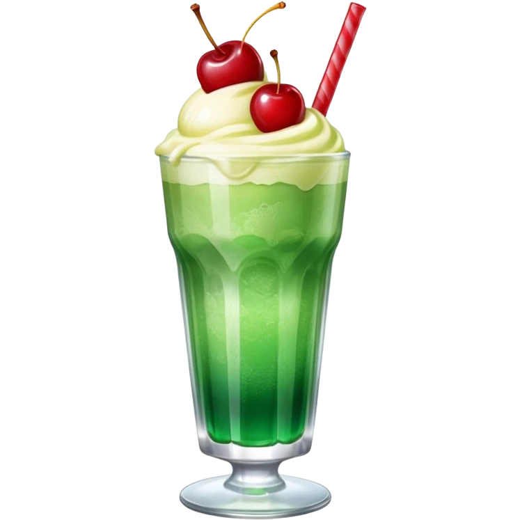 Create an emoji with a clear rounded glass, bright transparent green soda with fine bubbles, a smooth vanilla scoop circle shape, a glossy red cherry, using vibrant colors, soft shading, and clear glass highlights.
 emoji