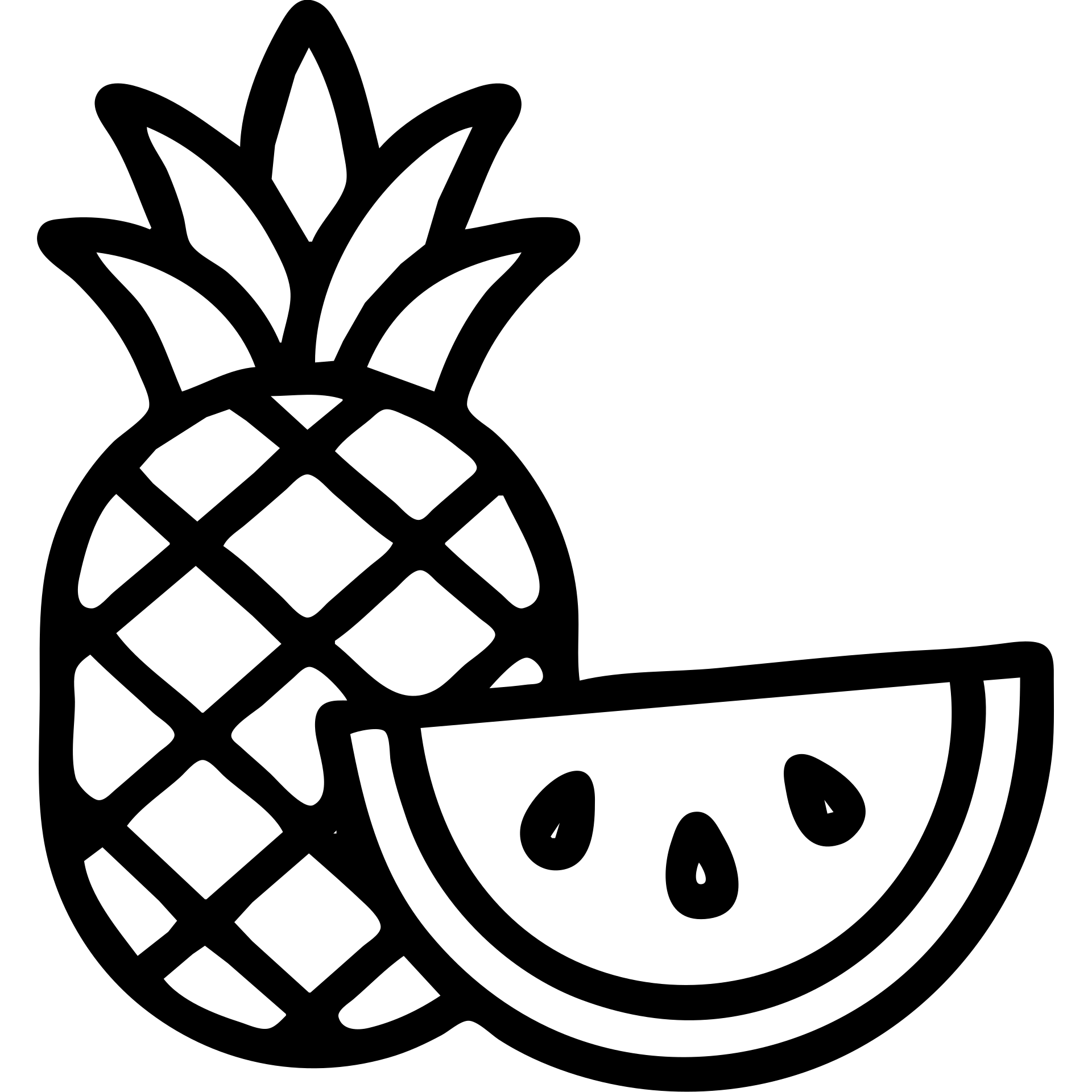 thick line outline icon of a pineapple next to a slice of watermelon, no fill, just contour emoji
