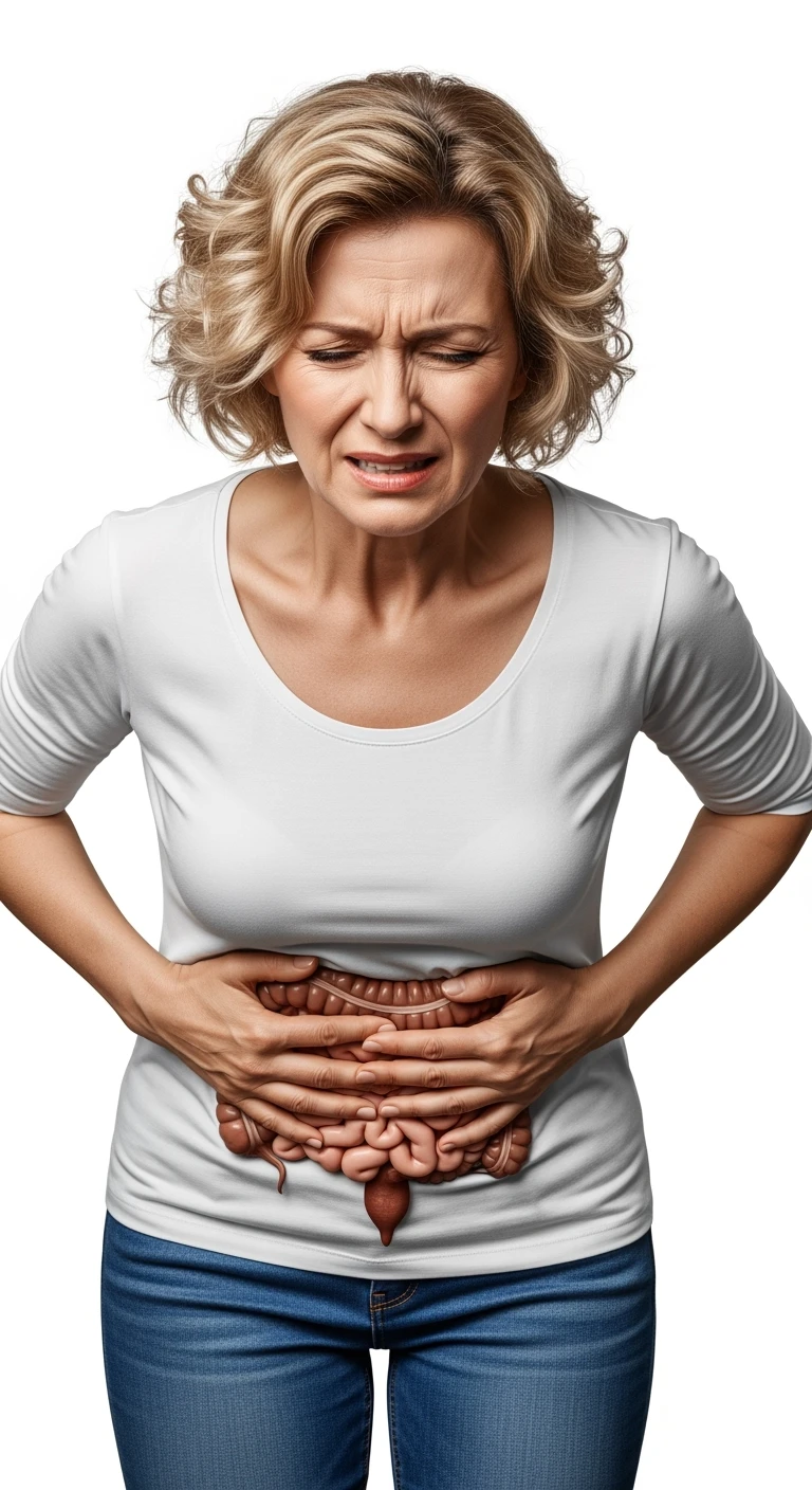 DONNA CHE SI TIENE LA PANCIA DOLORANTE CON INTESTINO VISIBILE, ESPRESSIONE DI DOLORE IN VOLTO, iperrealistico 4k, ISOLATA SU SFONDO BIANCO emoji