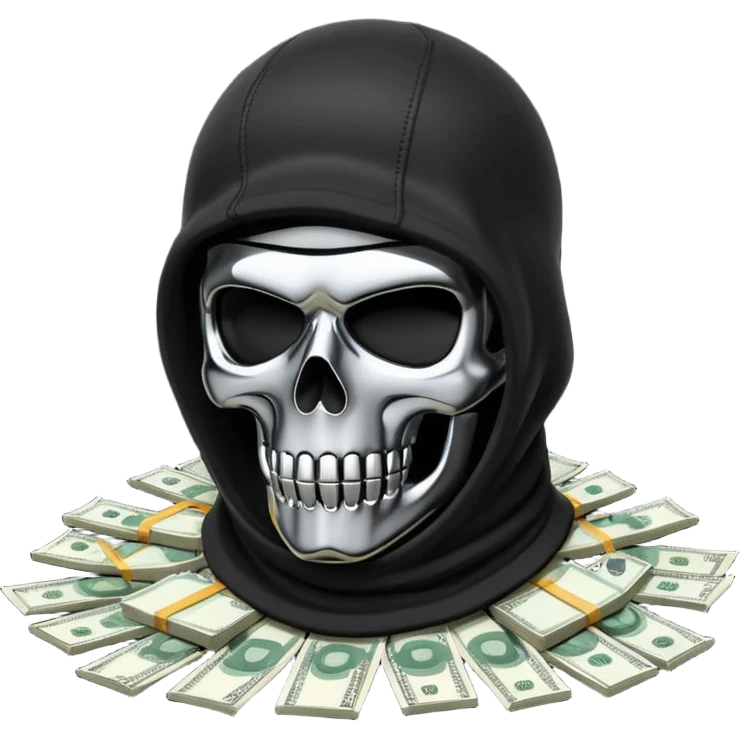 3D isometric icon, black tactical balaclava over a chrome skull, pile of abstract money, brutalist aesthetic, black background. emoji