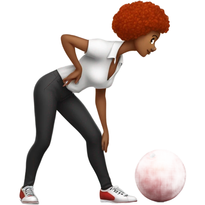 Black red-headed, female dancer bowling, in a standing, slightly bent over stance holding a bowling ball appropriate in size to their size emoji
