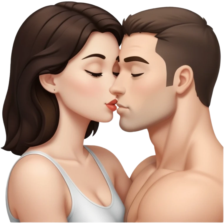Brunette woman kissing white muscular man emoji