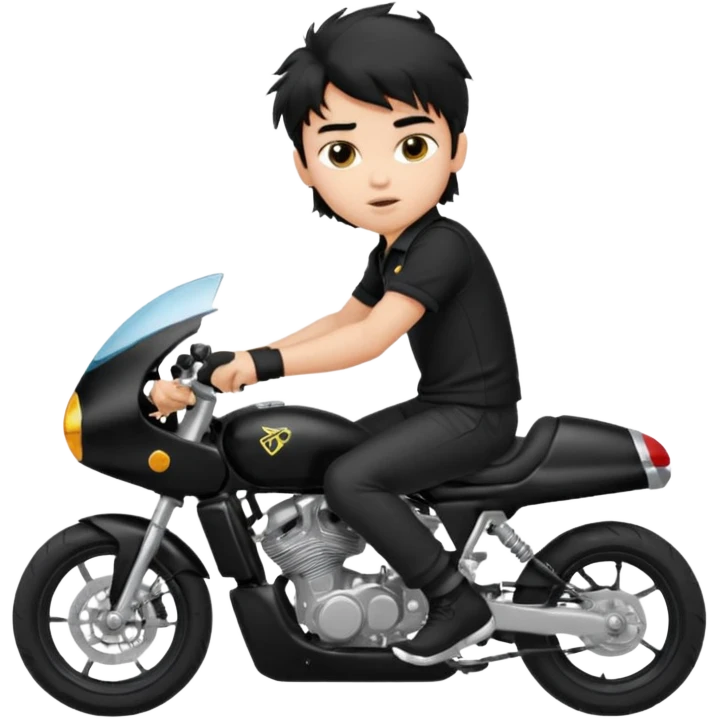 generate a pretty fair bratz boy with a messy mullet (black hair), wearing a BLACK polo.  on a superbike emoji