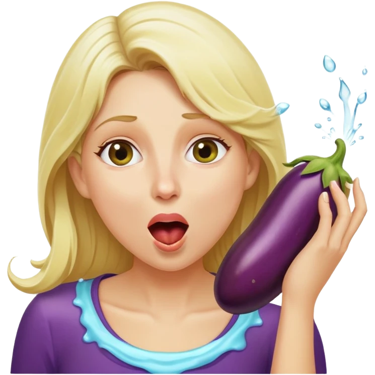 blond woman eating an eggplant, water stream squirting directly from the aubergine into her open mouth, surprised expression emoji