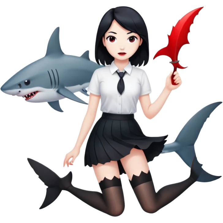 A girl in a white shirt, a black skirt and stockings with black hair, but there are glimpses of red on some areas of hair and also with a shark tail emoji