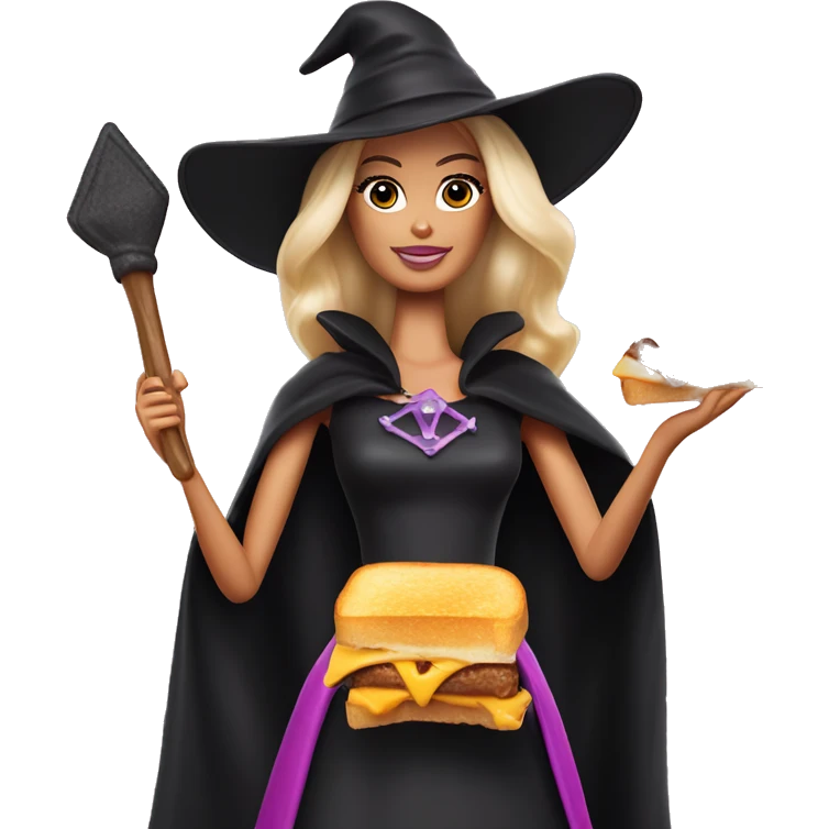 Barbie as a witch with a grilled cheese sandwich in one hand and a scepter in the other emoji