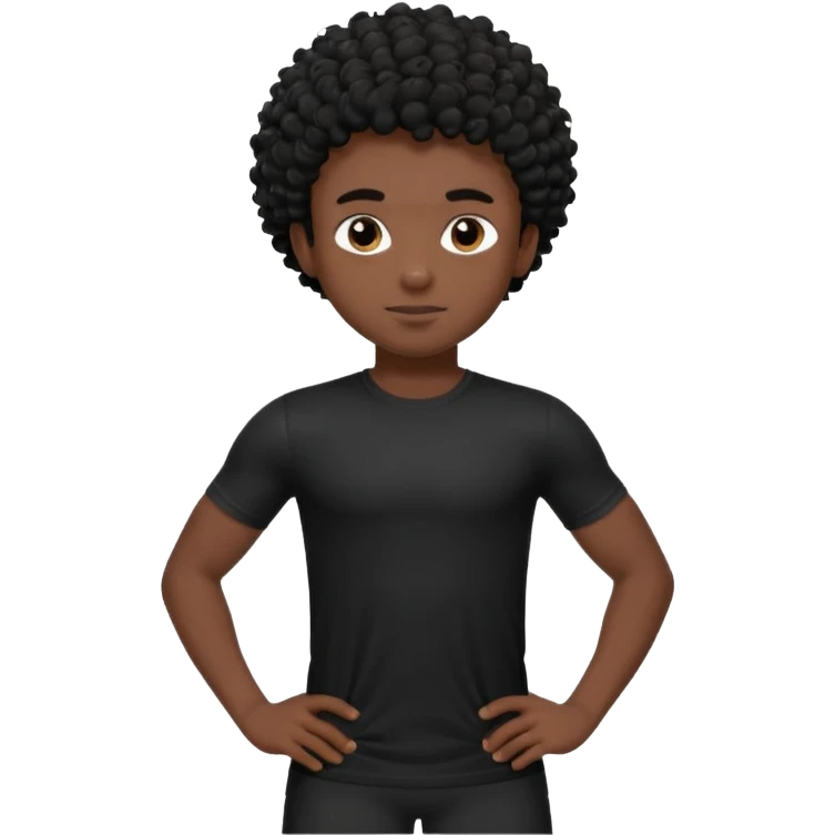 Generate a emoji of a black boy with dark skin, wearing a black compressed T-shirt, with short and very curly black hair emoji