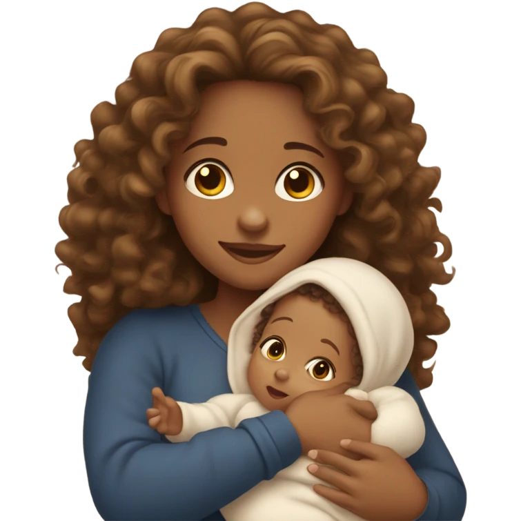 Tan girl with long curly hair and hazel eyes holding newborn baby boy in arms  emoji