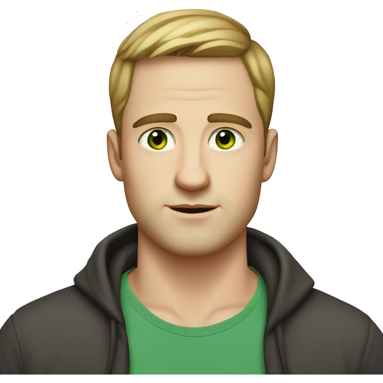 white guy, 30 years old, white skin, round face shape, wide nose, big eyebrows, no beard, very short hair, green eyes emoji