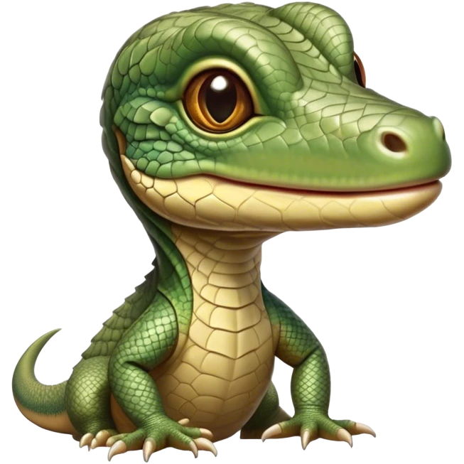 Cinematic Realistic Cute Monitor Lizard Portrait Emoji, Head tilted playfully and inquisitively, featuring a compact, agile body with finely detailed, glossy scales in earthy olive hues and a distinct, alert face with bright, curious eyes, rendered with lifelike natural highlights, high shine, affectionate and spirited, styled with a touch of rugged whimsy, soft glowing outline, capturing the essence of a mischievous yet lovable monitor lizard that seems poised to scurry playfully into your arms! emoji