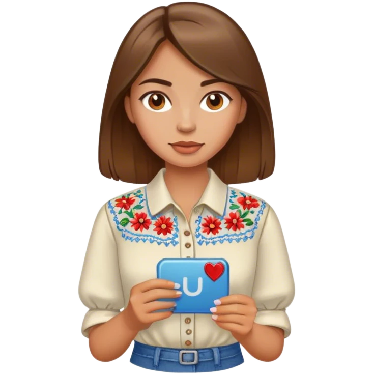 A Ukrainian girl with brown hair in an embroidered shirt holds a magnet emoji