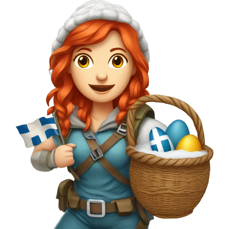red hair female winter mountaineer climbing with Easter eggsbasket and Greek flag emoji