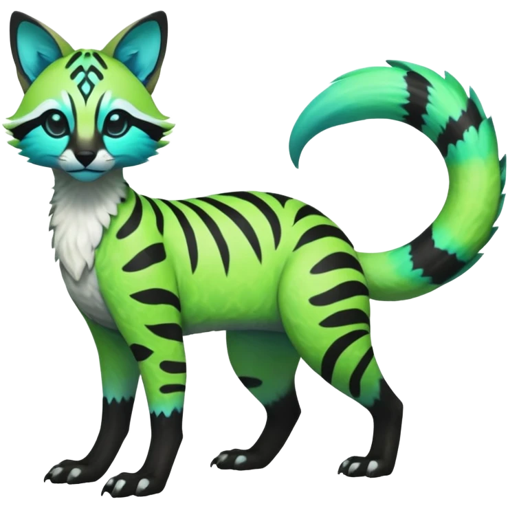 Rare realistic iridescent neon lime-green & cyan white black lush tropical exotic edgy epic pretty beautiful handsome gorgeous aesthetic colorful vibrant Vernid-Protogen-Primagen-Genet-Trico-species-Fakemon-hybrid-creature by LiLaiRa, beautiful intricate markings, full body emoji
