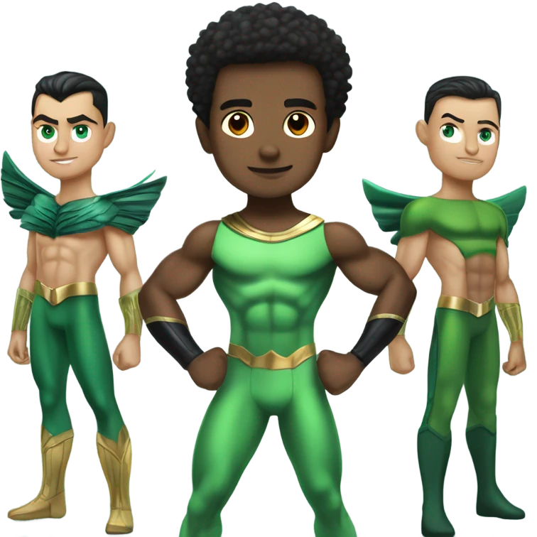 A full body Muscular Afro teenage boy standing in a green and the Sub Mariner Prince Namor with “wings on each ankle superhero costume. emoji