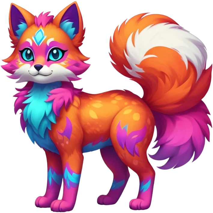 Vibrant multicolored neon-colored Falvie-Fionbri-creature-sparkle-feline-canine-hybrid-fursona, full body, fur pattern-markings emoji