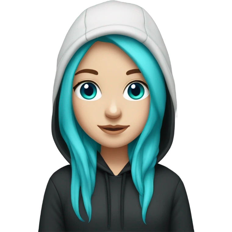 White girl, black hoodie, long teal hair, purple beanie hat, blue eyes emoji