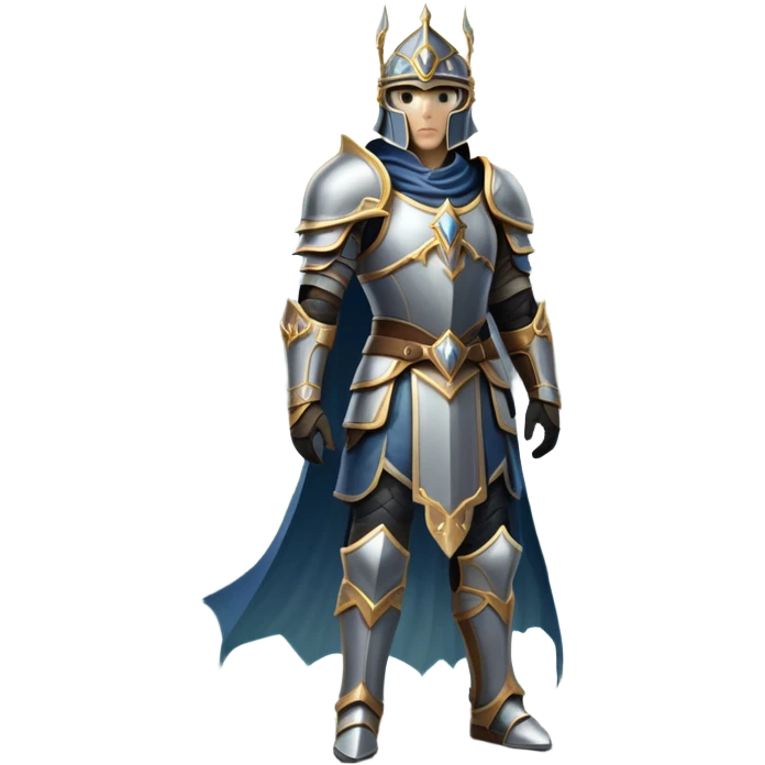 An icon featuring a hero with a closed visor, standing in a majestic, mystical landscape, inspired by RPGs like Elden Ring. The design includes a stunning, ethereal background with towering castles and distant mountains, symbolizing the adventure and mystery. Transparent background emoji