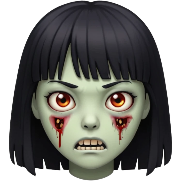 Zombie emoji Girl straight hair and bangs with a serious face and sharp teeth emoji