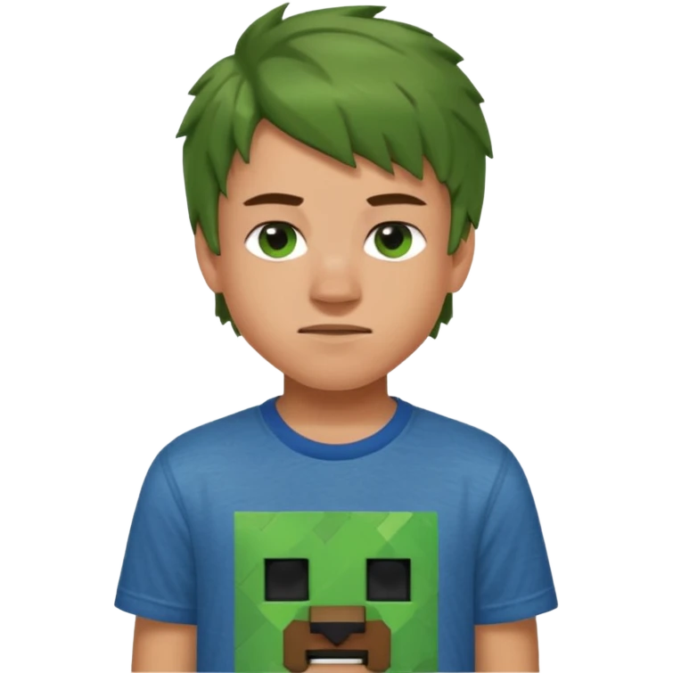 A 14 yerar old teenage boy, slightly tanned, wearing a green minecrcaft tshirt, blue jeans and green sneakers with brown tousled hair, smirking emoji