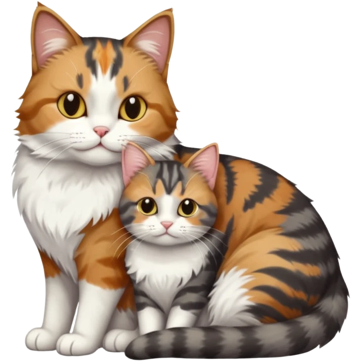 full body colourful light patched calico + white tabby cat cuddling a big dark grey and white tabby cat  emoji