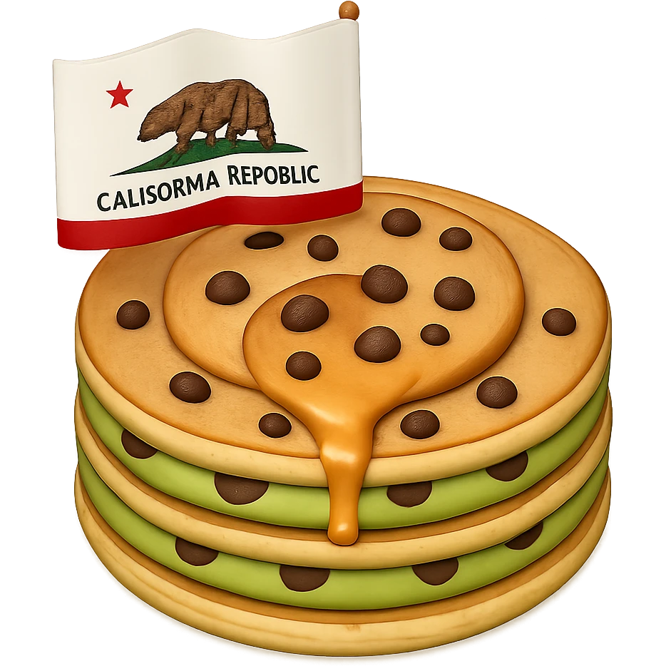 Add chocolate chips to the single pancake topped with avocado and a small California flag. Keep no background. emoji