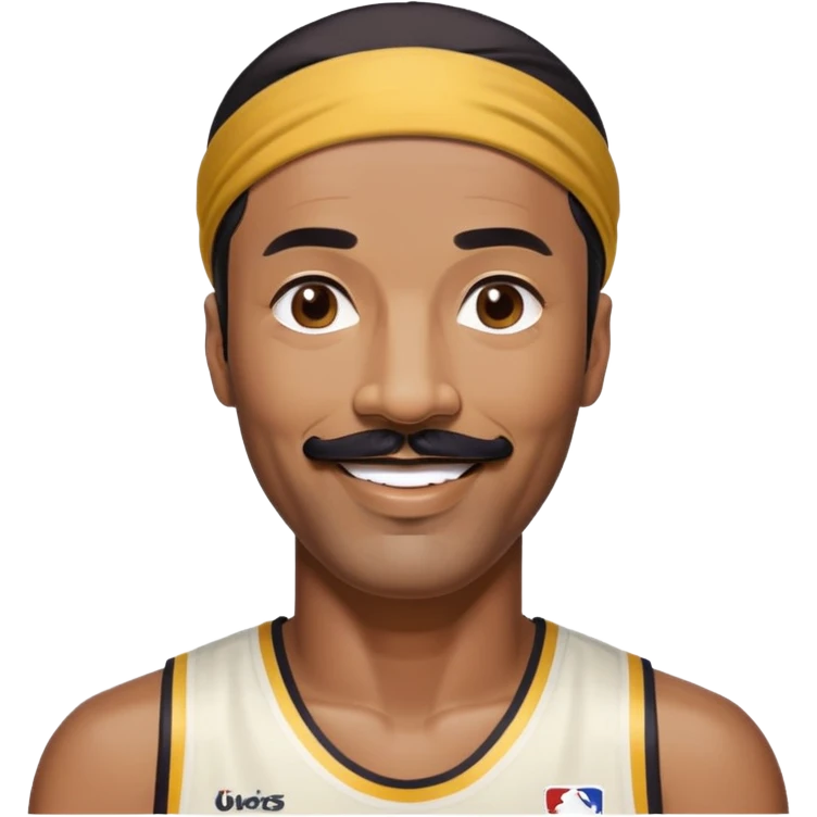 Wilt Chamberlain, tall, black short hair, mustache, headband, smiling emoji