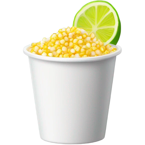 A white plastic cup filled whit yellow corn kernels, topped with grated cheese, white cream, chili powder, and a plastic spoon, with a hint of lime emoji
