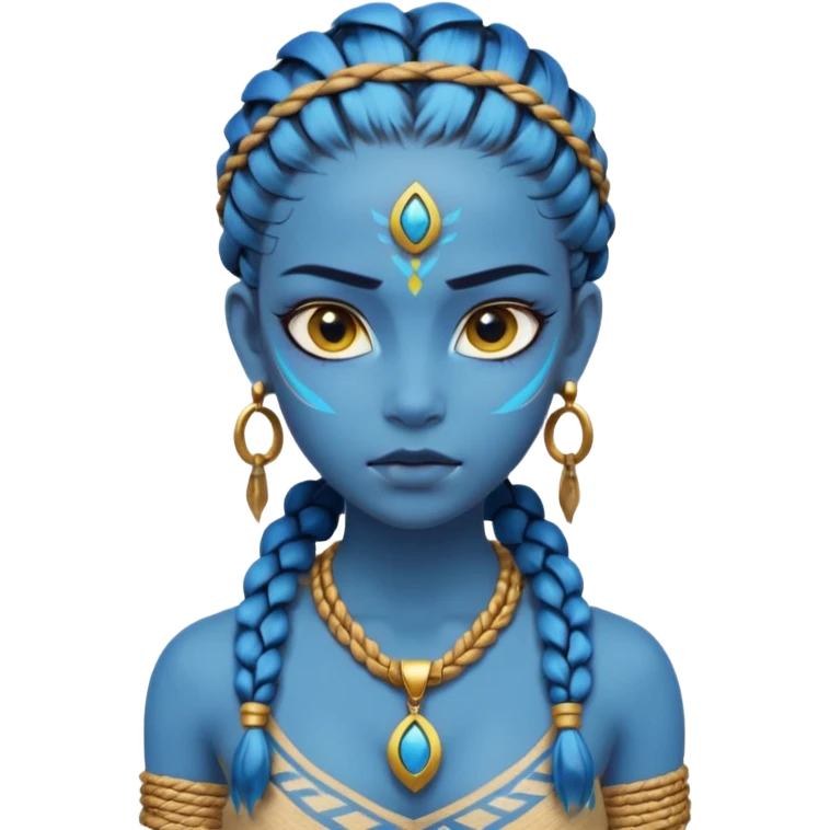 Create an icon of a Na’vi-inspired female character with glowing blue skin, braided hair, tribal forehead markings, large expressive eyes, gold earrings, and a rope necklace with a golden pendant. The expression should be calm and serious, matching the style of the movie Avatar emoji